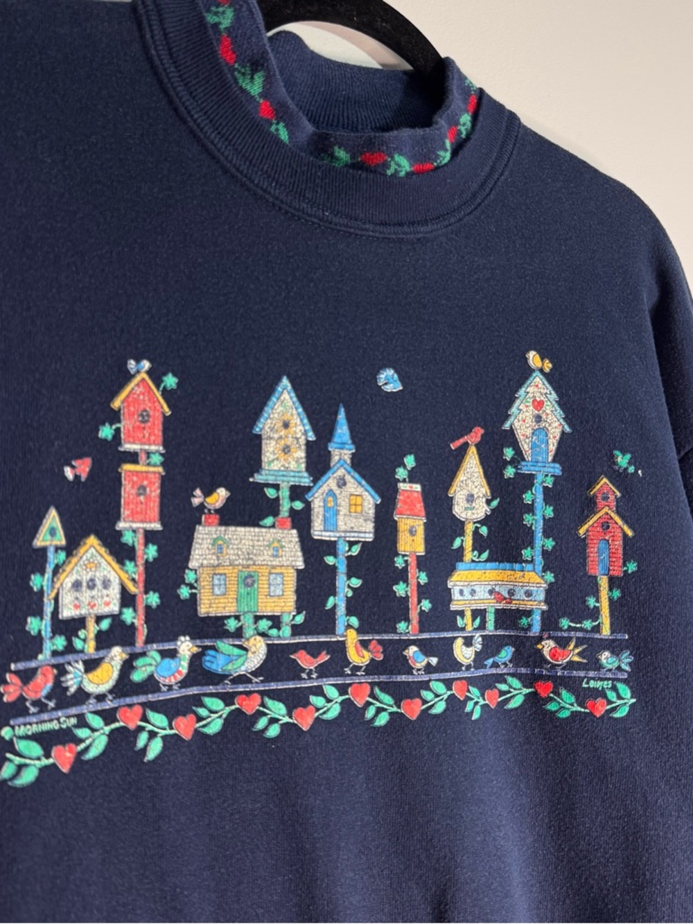 Vintage Morning Sun Birdhouse Sweatshirt Navy Mock Neck USA Womens L Bird Print - Picture 2 of 6